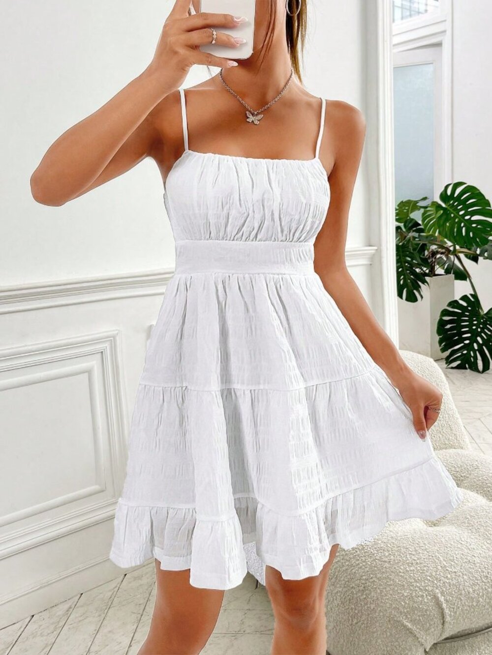 White Casual Women's Ruched Bust Shirred Back Ruffle Hem Cami Graduation Dress - Picture 4 of 6